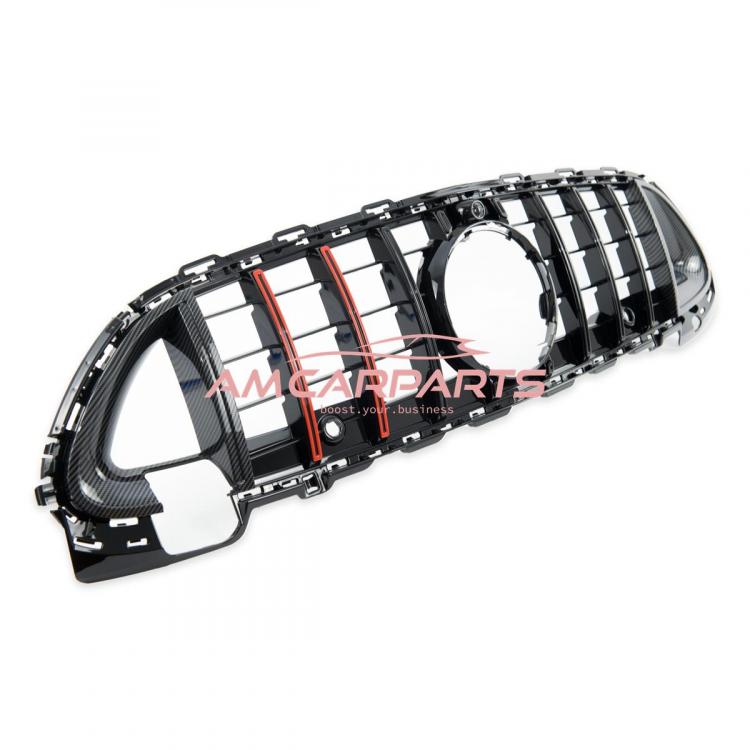 Upgrade Design Kühlergrill / Sportgrill passend für Mercedes Benz C-Klasse W206 / S206 21+ Carbon-Optik / Hochglanz schwarz + rote Akzentstreifen