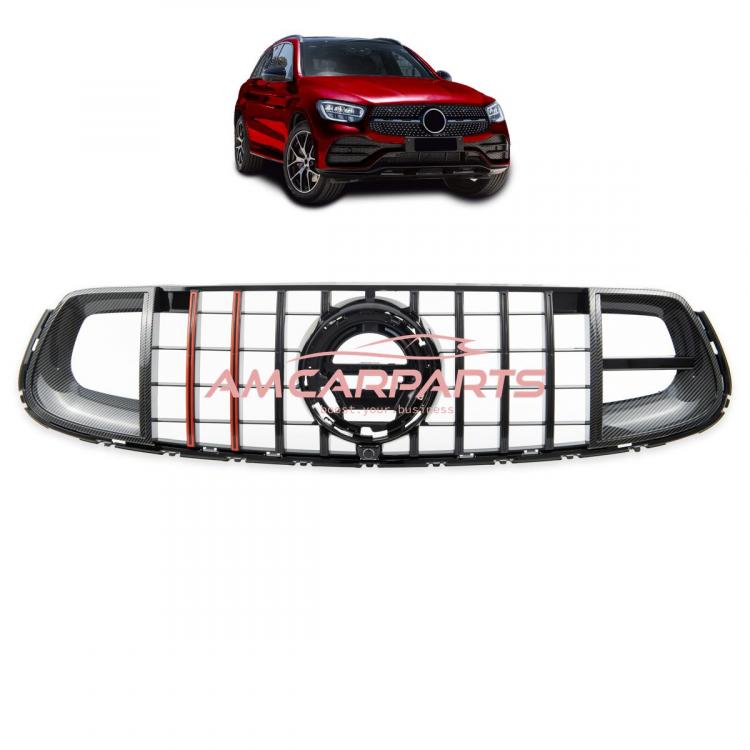 Upgrade Design Kühlergrill / Sportgrill für Mercedes GLC (X253) / GLC (C253) Facelift 19-22 Carbon-Optik / Hochglanz schwarz + rote Akzentstreifen