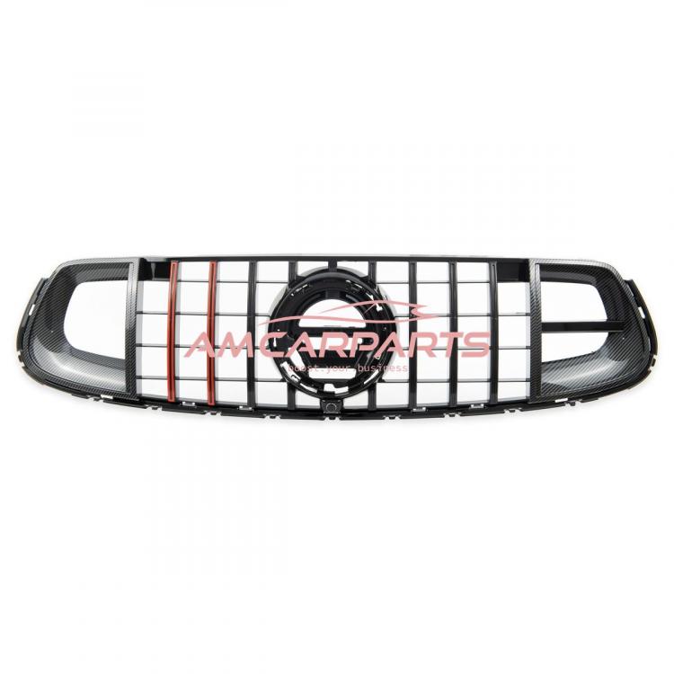 Preview: Upgrade Design Kühlergrill / Sportgrill für Mercedes GLC (X253) / GLC (C253) Facelift 19-22 Carbon-Optik / Hochglanz schwarz + rote Akzentstreifen