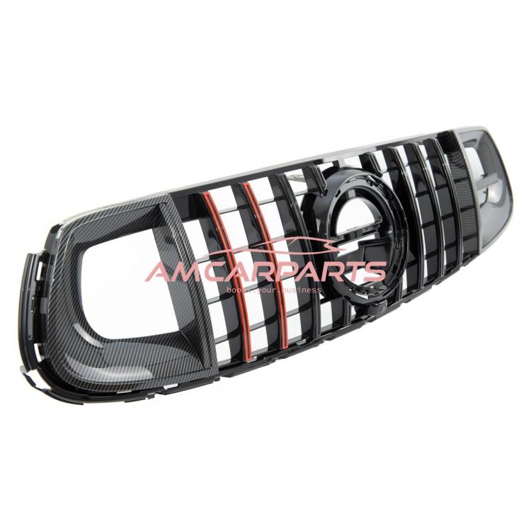 Preview: Upgrade Design Kühlergrill / Sportgrill für Mercedes GLC (X253) / GLC (C253) Facelift 19-22 Carbon-Optik / Hochglanz schwarz + rote Akzentstreifen