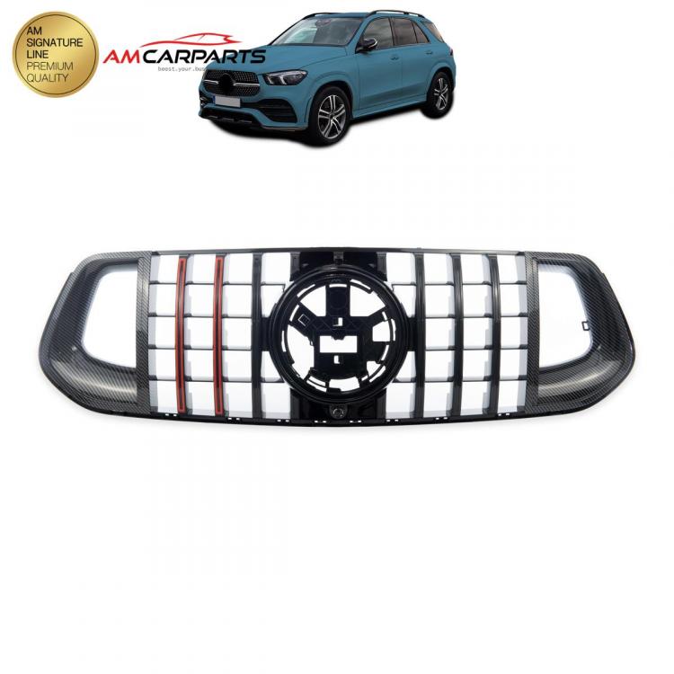 Upgrade Design Kühlergrill / Sportgrill passend für Mercedes Benz GLE V167 / C167 18+ Carbon-Optik / Hochglanz schwarz + rote Akzentstreifen