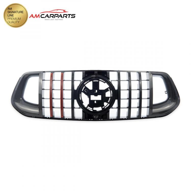 Upgrade Design Kühlergrill / Sportgrill passend für Mercedes Benz GLE V167 / C167 18+ Carbon-Optik / Hochglanz schwarz + rote Akzentstreifen