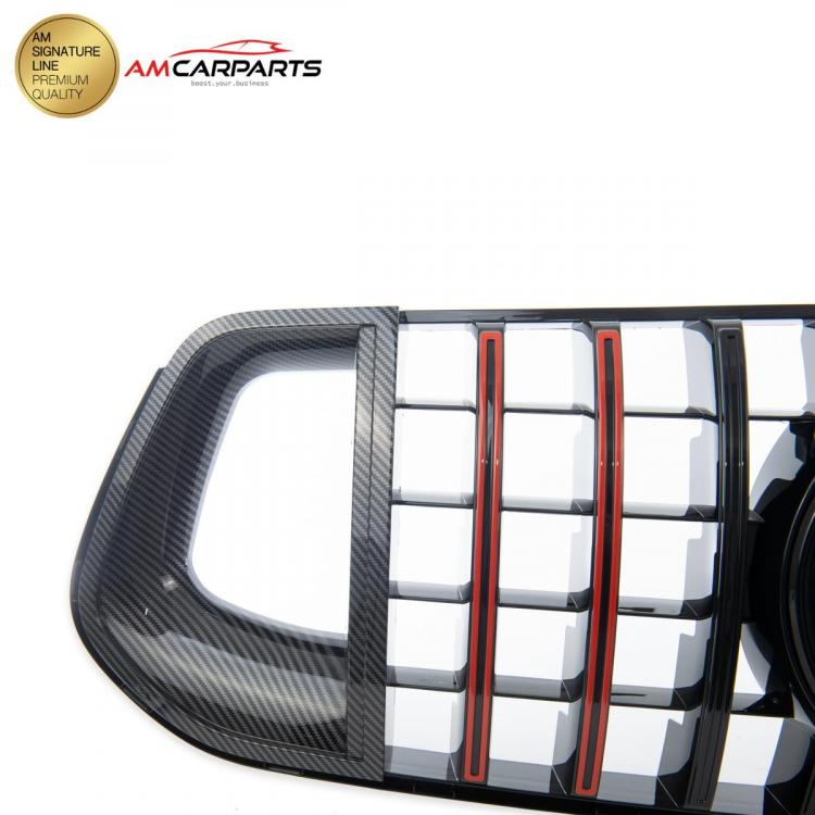 Upgrade Design Kühlergrill / Sportgrill passend für Mercedes Benz GLE V167 / C167 18+ Carbon-Optik / Hochglanz schwarz + rote Akzentstreifen