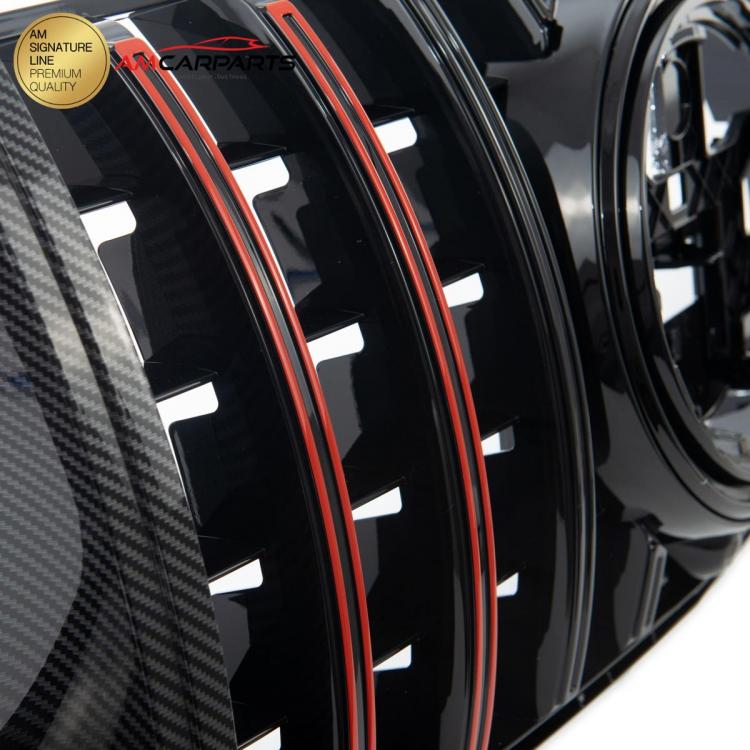 Upgrade Design Kühlergrill / Sportgrill passend für Mercedes Benz GLE V167 / C167 18+ Carbon-Optik / Hochglanz schwarz + rote Akzentstreifen