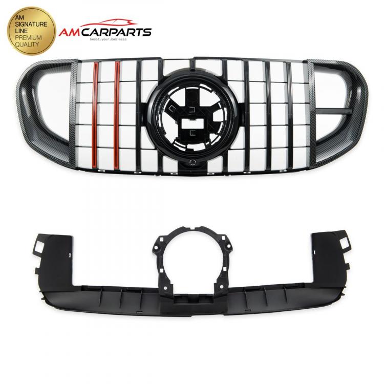 Preview: Upgrade Design Kühlergrill / Sportgrill für Mercedes Benz GLS (X167) 18+ Carbon-Optik / Hochglanz schwarz + rote Akzentstreifen