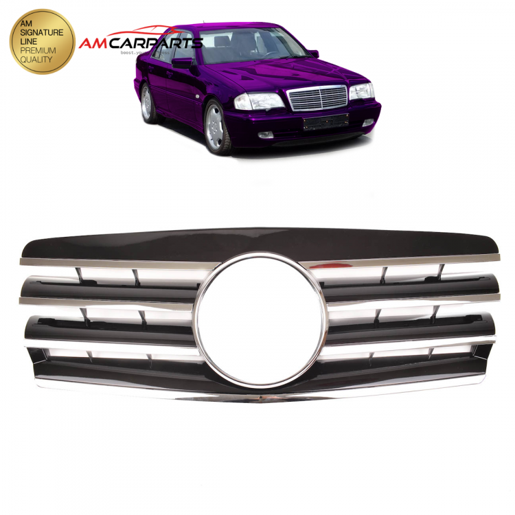 Upgrade Design Kühlergrill / Sportgrill passend für Mercedes Benz C-Klasse W202 / S202 93-00 Hochglanz schwarz / chrom