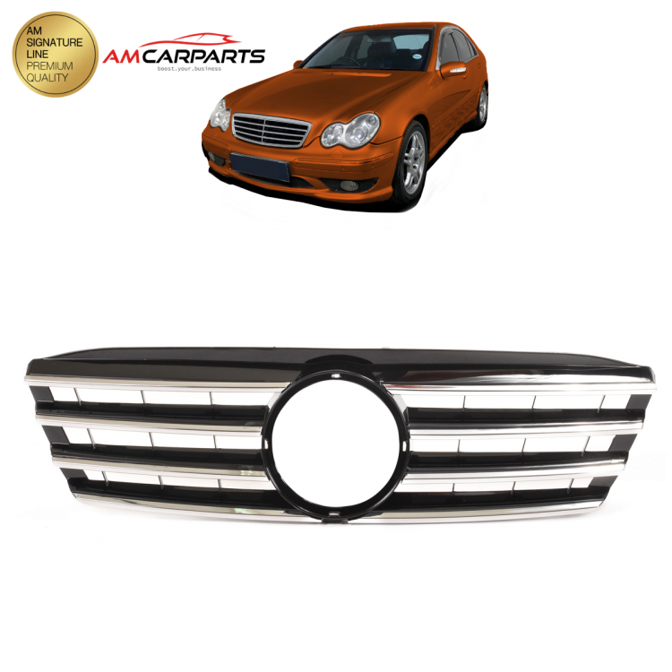 Upgrade Design Kühlergrill / Sportgrill passend für Mercedes Benz C-Klasse W203 / S203 00-07 Hochglanz schwarz / chrom