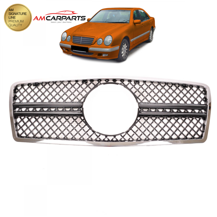 Upgrade Design Kühlergrill / Sportgrill für Mercedes Benz E-Klasse W210 / S210 Vor-Facelift 95-99 Hochglanz schwarz / chrom