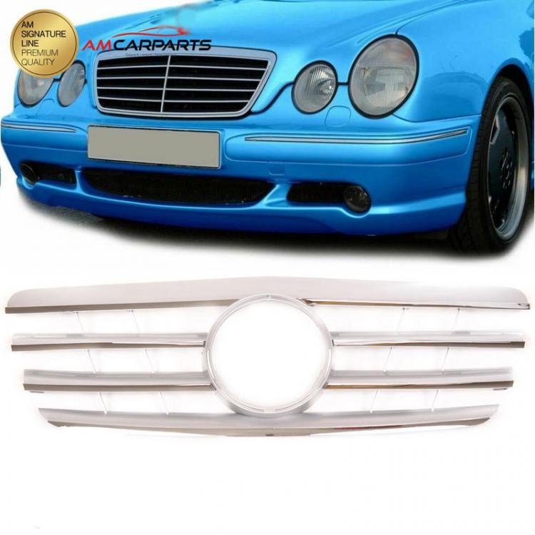 Upgrade Design Kühlergrill / Sportgrill für Mercedes Benz E-Klasse W210 / S210 Facelift 99-02 Hochglanz silber / chrom