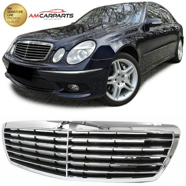 Upgrade Design Kühlergrill / Sportgrill für Mercedes Benz E-Klasse W211 / S211 Vor-Facelift 02-06 Hochglanz schwarz / chrom