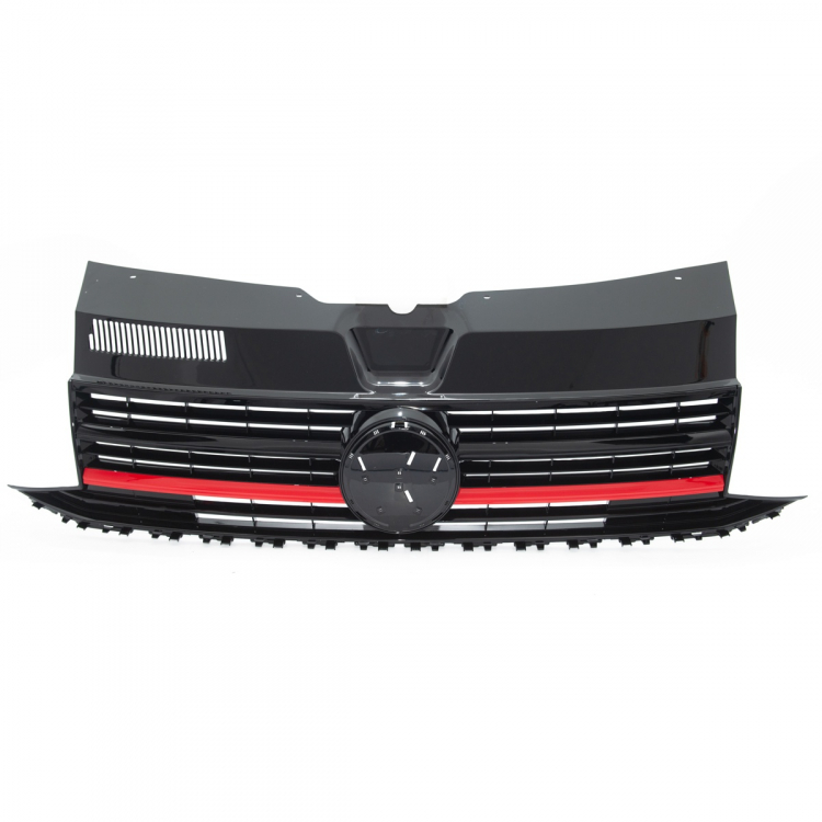 Kühlergrill in hochglanz schwarz mit roter Leiste und Emblemhalter für VW T6 Multivan/Transporter/Caravelle/Pritsche Modelle