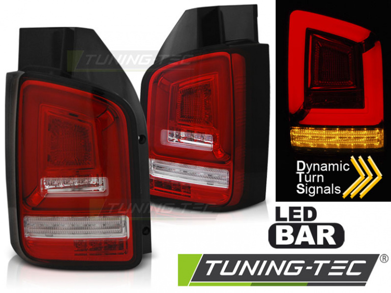 Voll LED Lightbar Design Rückleuchten für VW T5 03-09 rot/klar mit dynamischem Blinker (Heckklappe/Flügeltürer)