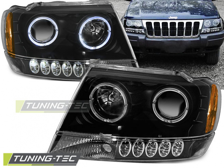 LED Angel Eyes Scheinwerfer für Jeep Grand Cherokee 99-05 schwarz