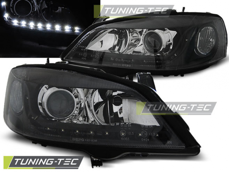 LED Tagfahrlicht Design für Scheinwerfer Opel Astra G 98-04 schwarz