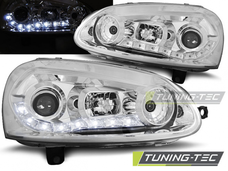 LED Tagfahrlicht Design Scheinwerfer für VW Golf 5 03-09 chrom