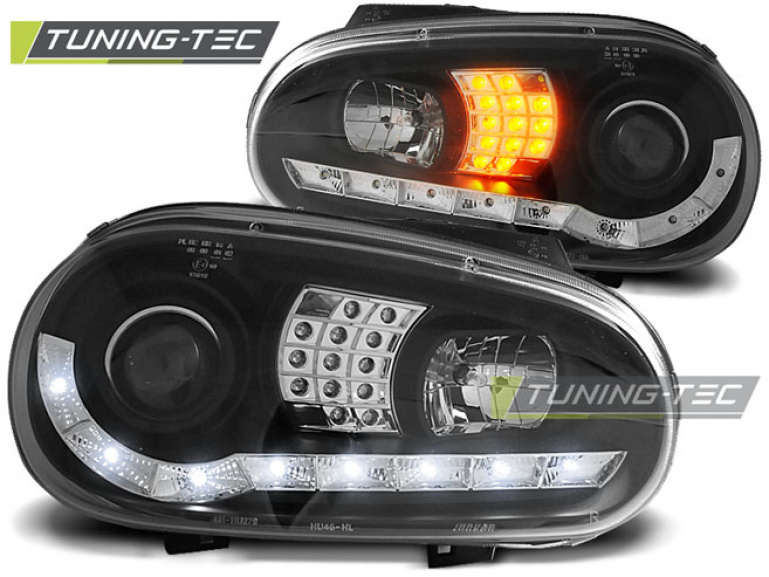 LED Tagfahrlicht Design Scheinwerfer für VW Golf 4 97-03 schwarz mit LED Blinker