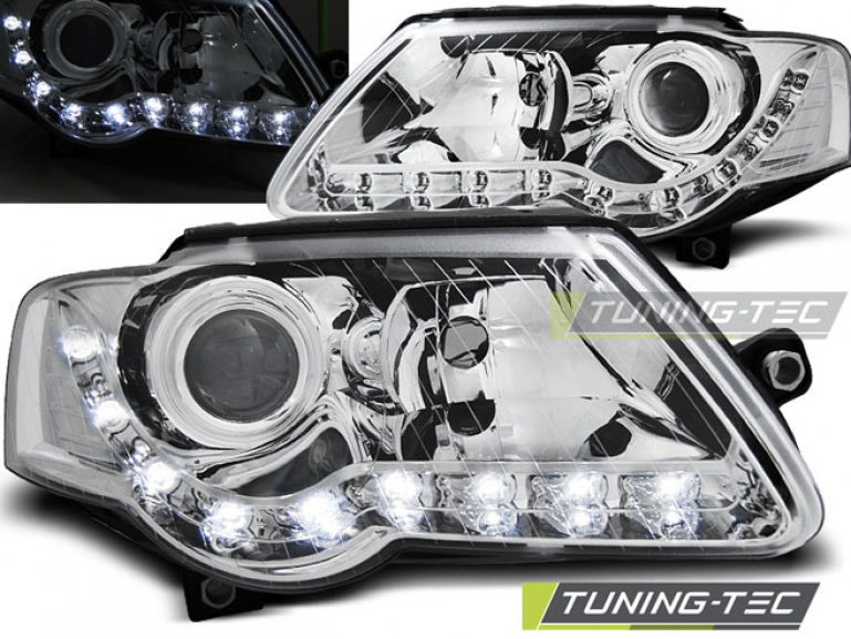 LED Tagfahrlicht Design Scheinwerfer für VW Passat 3C B6 05-10 chrom