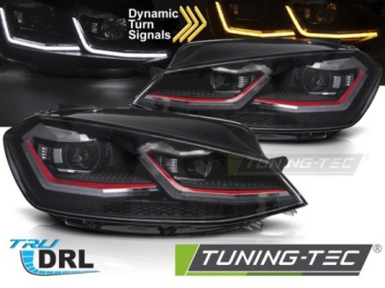 Upgrade Design LED Tagfahrlicht Scheinwerfer Set passend für VW Golf 7 Facelift 17-19 schwarz / rot mit dynamischem LED Blinker
