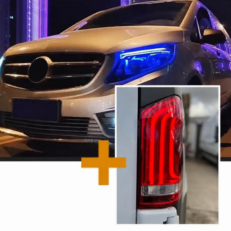 Sparpaket-Upgrade Design VOLL LED Tagfahrlicht Scheinwerfer passend für Mercedes Benz V-Klasse / Vito W447 14-23 schwarz mit LED Blinker + LED Upgrade Design Rückleuchten passend für Mercedes Benz Vito W447 14-23 rot/weiß dynamisch