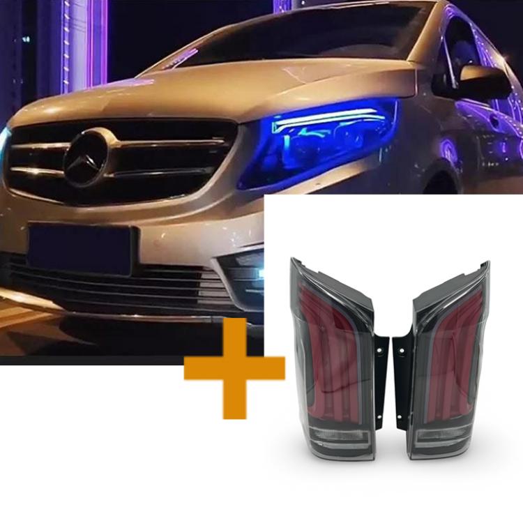 Sparpaket-Upgrade Design VOLL LED Tagfahrlicht Scheinwerfer für Mercedes Benz V-Klasse / Vito W447 14-23 schwarz mit LED Blinker + LED Upgrade Design Rückleuchten für Mercedes Benz Vito W447 14-23 schwarz/klar dynamisch
