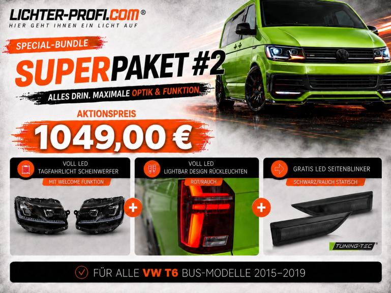 Voll-LED-Tagfahrlicht-Scheinwerfer-Set mit Welcome Funktion + Voll-LED-Lightbar-Design-Rückleuchten-Set + dynamischem LED-Blinker passend für VW T6 15-19 (Heckklappe/Halogen)