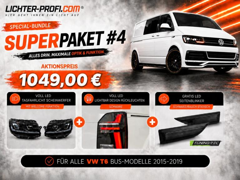 Voll-LED-Tagfahrlicht-Scheinwerfer-Set mit Welcome Funktion + Voll-LED-Lightbar-Design-Rückleuchten-Set + dynamischem LED-Blinker passend für VW T6 15-19 (Heckklappe/LED)