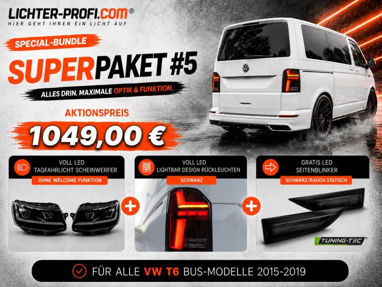 Voll-LED-Tagfahrlicht-Scheinwerfer-Set ohne Welcome Funktion + Voll-LED-Lightbar-Design-Rückleuchten-Set + dynamischem LED-Blinker passend für VW T6 15-19 (Heckklappe/LED)