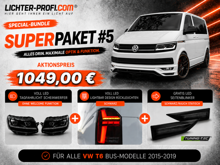 Voll-LED-Tagfahrlicht-Scheinwerfer-Set ohne Welcome Funktion + Voll-LED-Lightbar-Design-Rückleuchten-Set + dynamischem LED-Blinker passend für VW T6 15-19 (Heckklappe/LED)