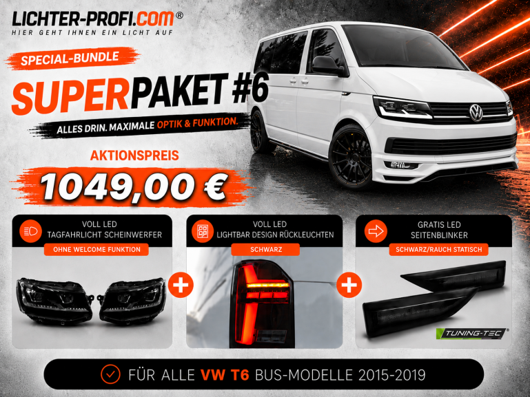 Voll-LED-Tagfahrlicht-Scheinwerfer-Set ohne Welcome Funktion + Voll-LED-Lightbar-Design-Rückleuchten-Set + dynamischem LED-Blinker passend für VW T6 15-19 (Heckklappe/Halogen)