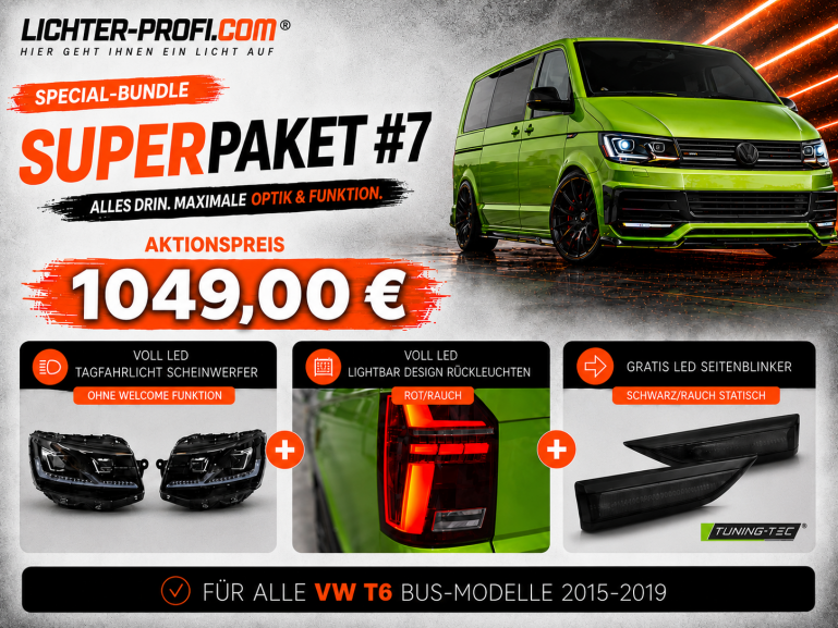 Voll-LED-Tagfahrlicht-Scheinwerfer-Set ohne Welcome Funktion + Voll-LED-Lightbar-Design-Rückleuchten-Set + dynamischem LED-Blinker passend für VW T6 15-19 (Heckklappe/Halogen)