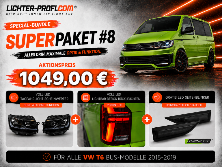 Voll-LED-Tagfahrlicht-Scheinwerfer-Set ohne Welcome Funktion + Voll-LED-Lightbar-Design-Rückleuchten-Set + dynamischem LED-Blinker passend für VW T6 15-19 (Heckklappe/LED)