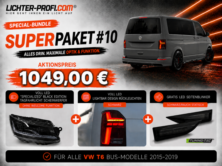 Voll-LED-"Specialized"-Black-Edition-Tagfahrlicht-Scheinwerfer-Set ohne Welcome Funktion + Voll-LED-Lightbar-Design-Rückleuchten-Set + dynamischem LED-Blinker passend für VW T6 15-19 (Heckklappe/LED)