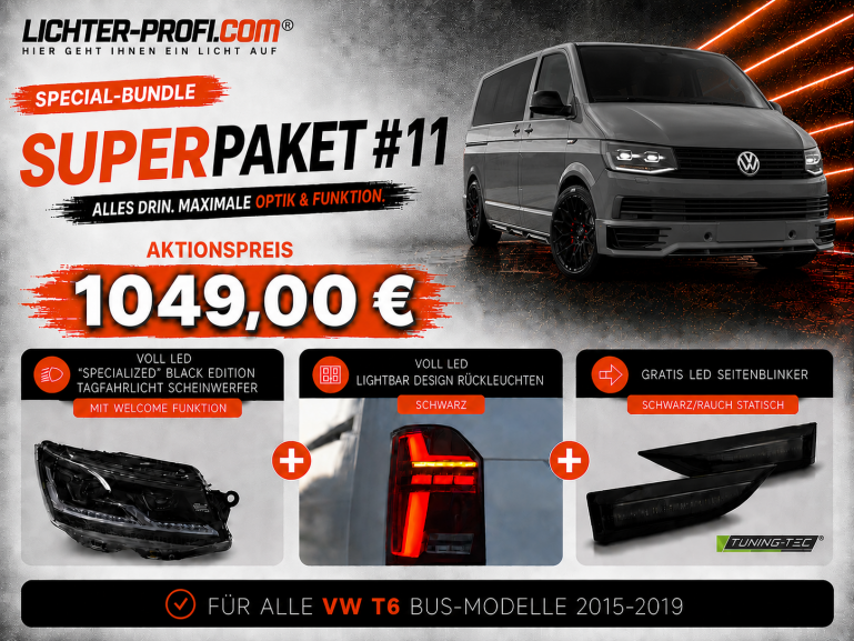 Voll-LED-"Specialized"-Black-Edition-Tagfahrlicht-Scheinwerfer-Set mit Welcome Funktion + Voll-LED-Lightbar-Design-Rückleuchten-Set + dynamischem LED-Blinker passend für VW T6 15-19 (Heckklappe/LED)