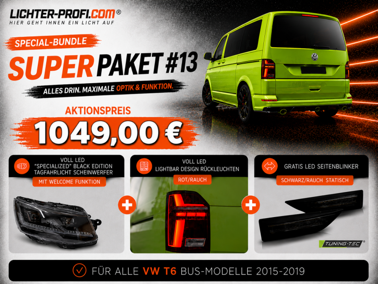 Voll-LED-"Specialized"-Black-Edition-Tagfahrlicht-Scheinwerfer-Set mit Welcome Funktion + Voll-LED-Lightbar-Design-Rückleuchten-Set + dynamischem LED-Blinker passend für VW T6 15-19 (Heckklappe/Halogen)