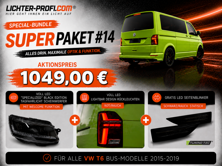 Voll-LED-"Specialized"-Black-Edition-Tagfahrlicht-Scheinwerfer-Set mit Welcome Funktion + Voll-LED-Lightbar-Design-Rückleuchten-Set + dynamischem LED-Blinker passend für VW T6 15-19 (Heckklappe/LED)