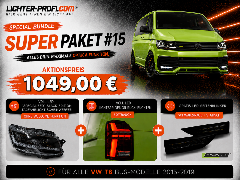 Voll-LED-"Specialized"-Black-Edition-Tagfahrlicht-Scheinwerfer-Set ohne Welcome Funktion + Voll-LED-Lightbar-Design-Rückleuchten-Set + dynamischem LED-Blinker passend für VW T6 15-19 (Heckklappe/LED)
