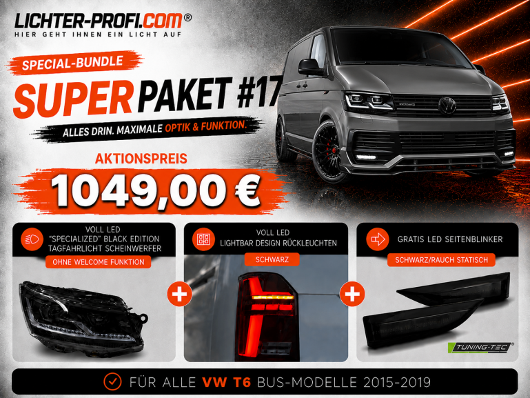 Voll-LED-"Specialized"-Black-Edition-Tagfahrlicht-Scheinwerfer-Set ohne Welcome Funktion + Voll-LED-Lightbar-Design-Rückleuchten-Set + dynamischem LED-Blinker passend für VW T6 15-19 (Heckklappe/LED)