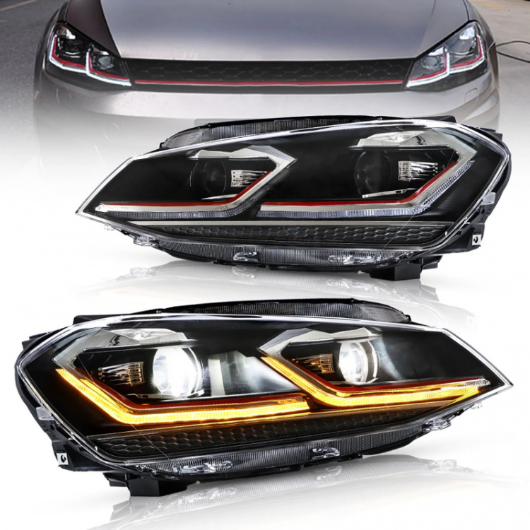 LED Tagfahrlicht Scheinwerfer für VW Golf 7 12-17 schwarz/rot im Facelift Design mit dynamischem LED Blinker