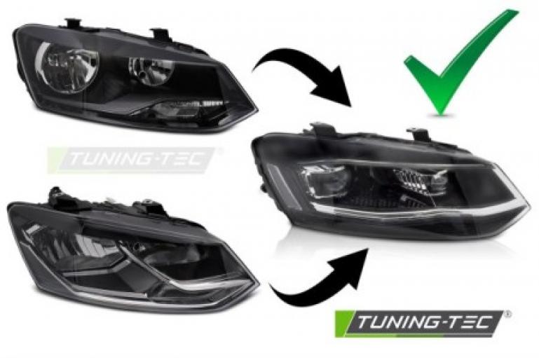 VOLL LED Upgrade Tagfahrlicht Scheinwerfer Set für VW Polo 6R / 6C 09-17 schwarz/chrom mit dyn. Blinker