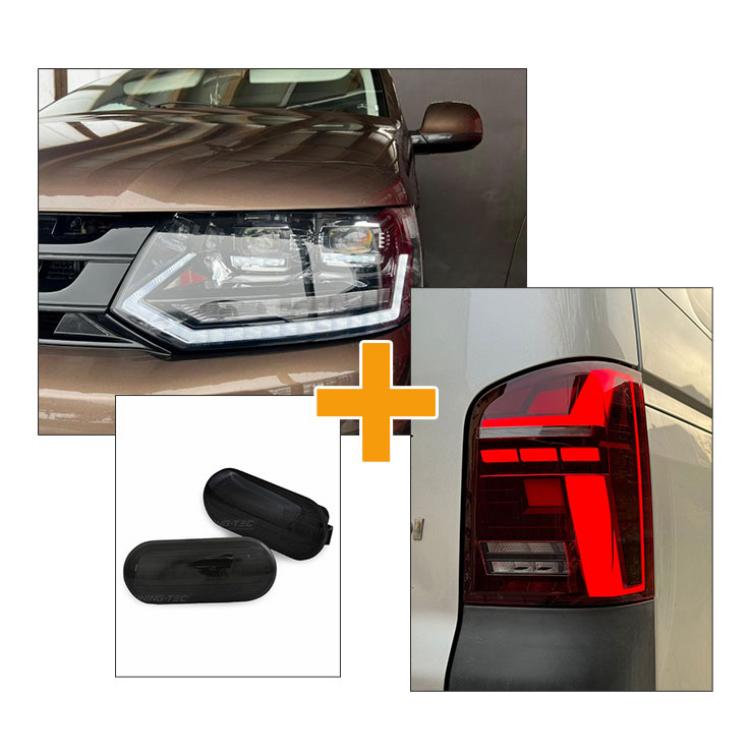 Sparpaket - VOLL LED Tagfahrlicht Scheinwerfer schwarz mit dynamischem LED Blinker und Begrüßungsfunktion + Voll LED Lightbar Design Rückleuchten rot/rauch mit dynamischen Blinker + LED Seitenblinker passend für VW T5 GP (Facelift) 10-15