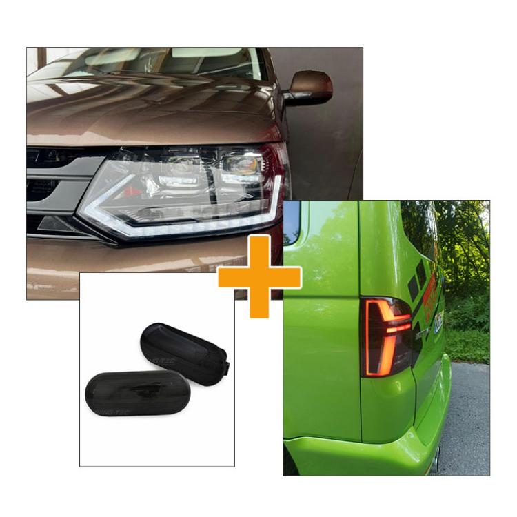 VOLL LED Tagfahrlicht Scheinwerfer schwarz mit dynamischem LED Blinker und Begrüßungsfunktion + Voll LED Lightbar Design Rückleuchten schwarz/rauch mit dynamischen Blinker + LED Seitenblinker passend für VW T5 GP (Facelift) 10-15
