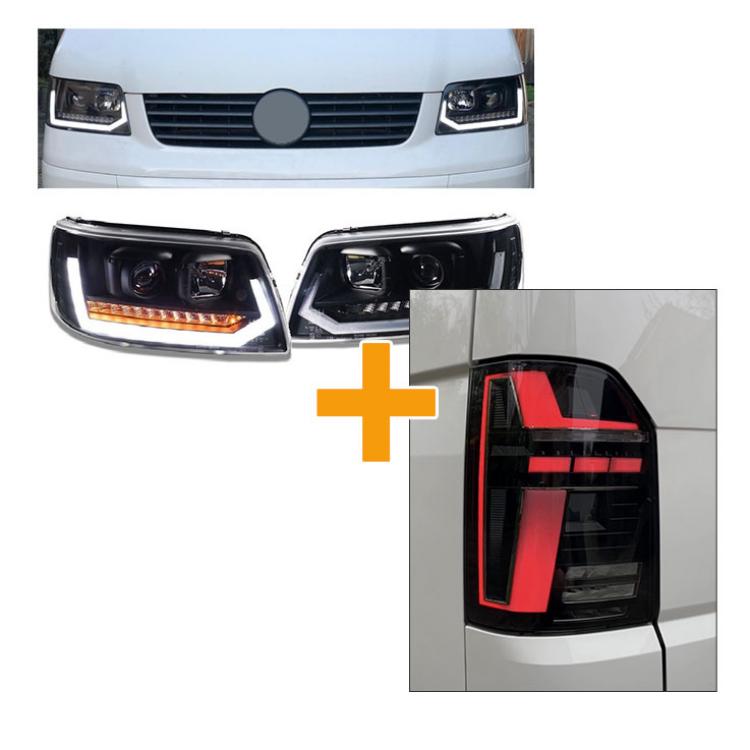 Sparpaket - Upgrade Design Voll LED "Specialized" Tagfahrlicht Scheinwerfer schwarz ohne Dynamik und ohne Welcome-Funktion! + Voll LED Lightbar Design Rückleuchten rot/rauch mit dynamischen Blinker + LED Seitenblinker für VW T5 GP (Facelift) 9-15