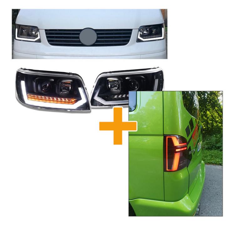 Sparpaket - VOLL LED Upgrade Design Scheinwerfer Set VW T5 03-09 dynamisch schwarz + Voll LED Lightbar Design Rückleuchten schwarz/rauch mit dynamischen Blinker