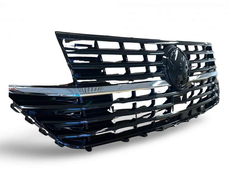 Kühlergrill mit Logohalter + Stoßstangenblenden für Volkswagen T6.1 ab 2019 Hochglanz schwarz