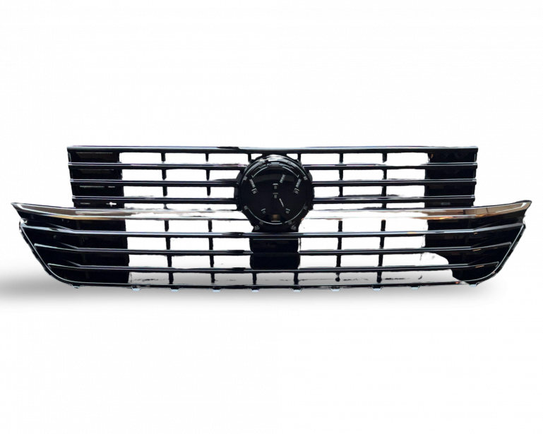 Kühlergrill mit Logohalter + Stoßstangenblenden für Volkswagen T6.1 ab 2019 Hochglanz schwarz