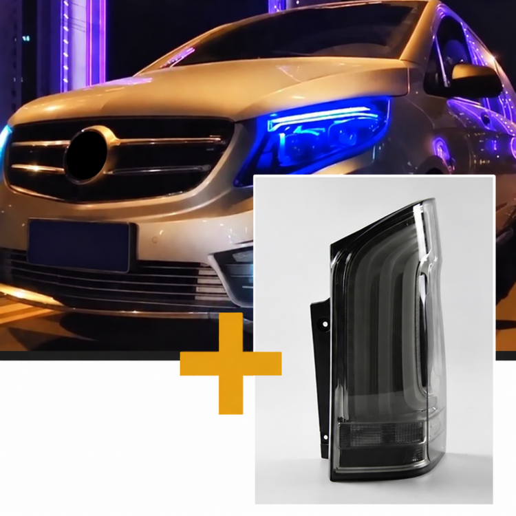 Sparpaket - Upgrade Design VOLL LED Tagfahrlicht Scheinwerfer passend für Mercedes Benz V-Klasse / Vito W447 14-23 schwarz mit LED Blinker + LED Upgrade Design  Rückleuchten Set passend für Mercedes Benz Vito W447 14-23 schwarz/rauch