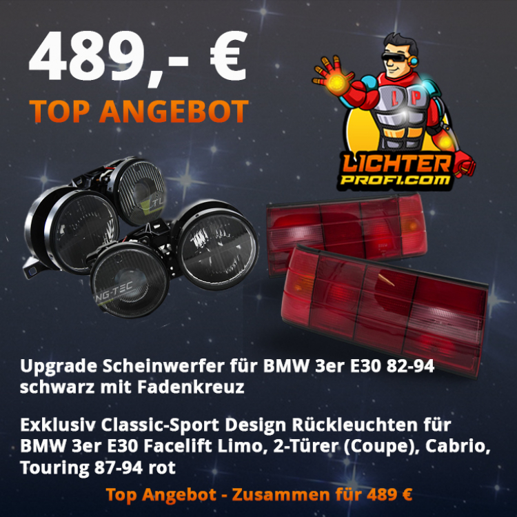 Top Angebot Upgrade Scheinwerfer schwarz mit Fadenkreuz + Exklusiv Classic-Sport Design Rückleuchten für BMW 3er E30 Facelift Limo, 2-Türer (Coupe), Cabrio, Touring 87-94 rot