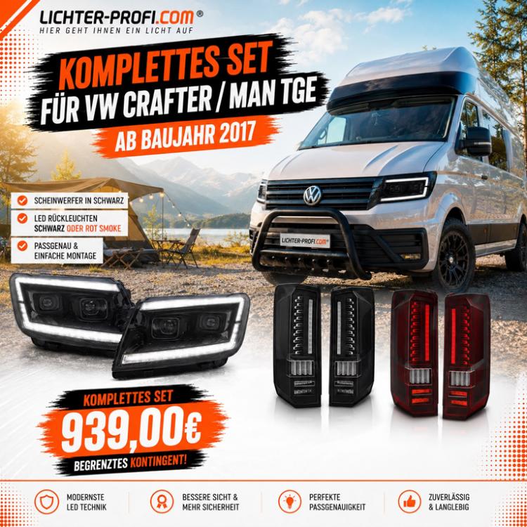 Paket - LED Tagfahrlicht Scheinwerfer-schwarz dynamisch +  Voll LED Upgrade Design Rückleuchten Set rot/rauch mit dyn.Blinker passend für VW Crafter II / MAN TGE 2017+
