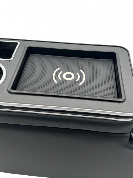 Chrom Edition Staufach Mittelkonsole Ablage für Ford Transit Custom 12+ mit RGB Farbwechsel-LED Beleuchtung, USB und Induktions-Ladestation
