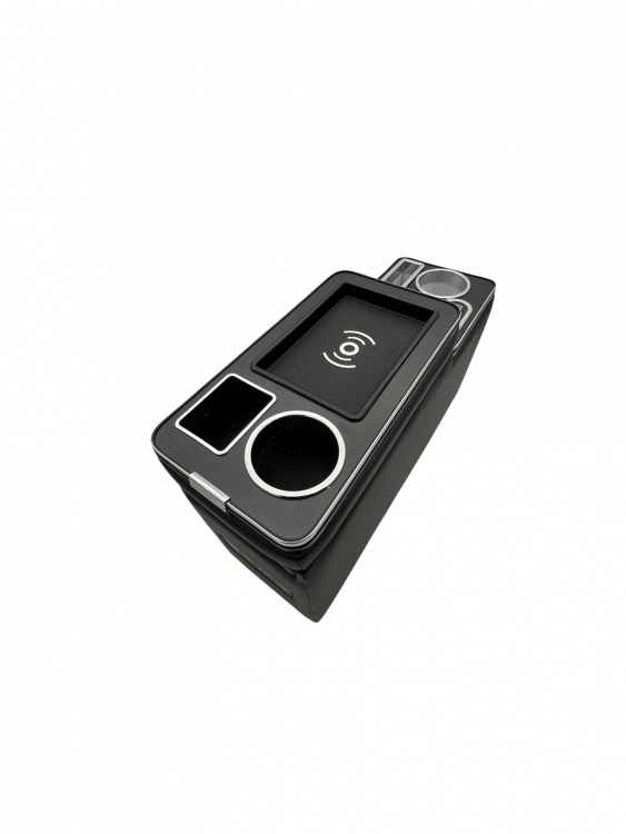 Chrom Edition Staufach Mittelkonsole Ablage für VW T5 03-09 mit RGB Farbwechsel-LED Beleuchtung, USB und Induktions-Ladestation